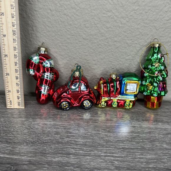 Lot Of 4 Hand Blown Glass Christmas Ornaments Tree, Train, Car, Candy Cane - Picture 4 of 4